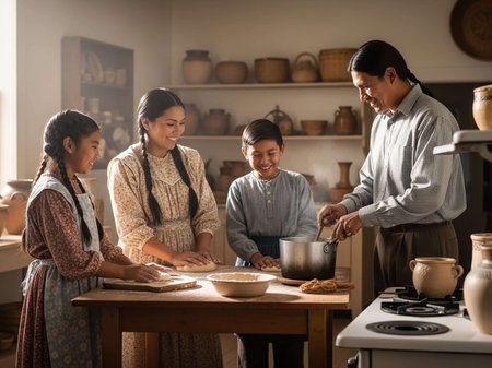 Family preparing food together in kitchen at home. Mother, father and daughter cooking together.の写真素材