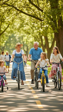 Senior couple with their children riding bikes in a park on a sunny dayの写真素材