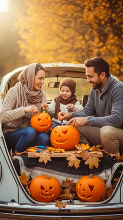 happy family with jack-o-lantern in car at autumnの写真素材