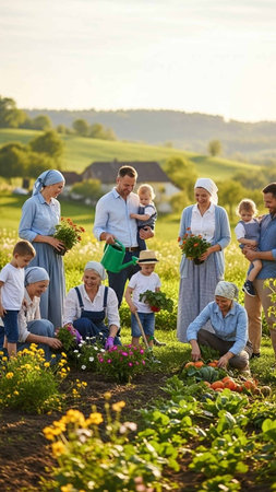 Portrait of happy family with children in vegetable garden on summer dayの写真素材