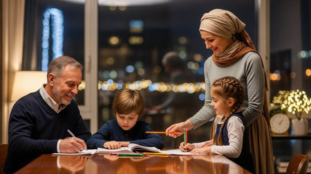 happy family drawing with pencils at table in living room at homeの写真素材