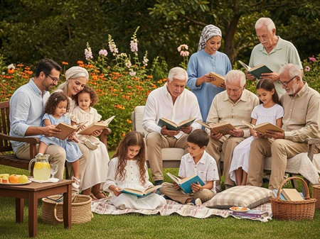 Grandparents with their grandchildren reading a book together in the garden.