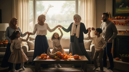 Happy family preparing for Halloween. Mother, father and children at home.