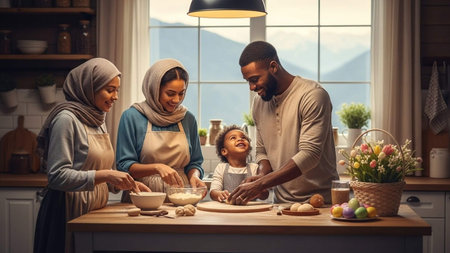 Happy muslim family preparing food together in the kitchen at home.の写真素材