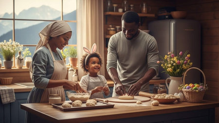 Happy african american family cooking together in the kitchen at homeの写真素材