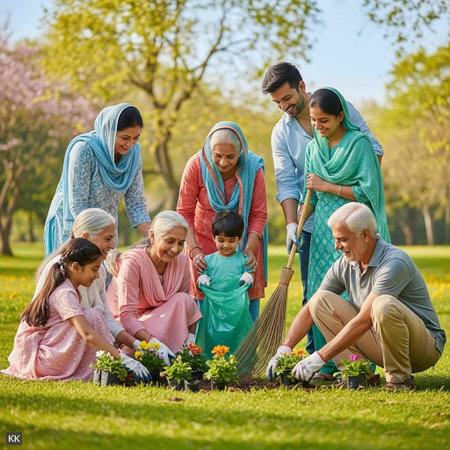 happy indian family planting flowers in garden at springtime, family gardening