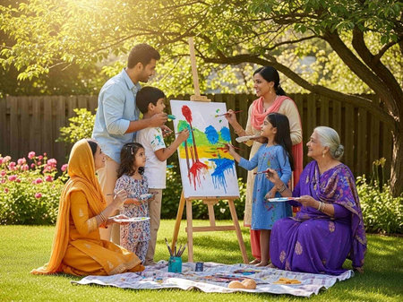 Indian family painting on canvas in garden. They are sitting in front of the easel and smiling.