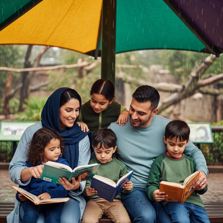 Happy muslim family reading a book together while sitting in a park