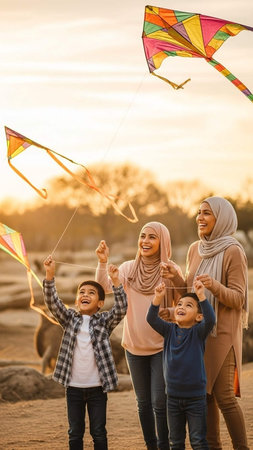 Muslim family with kite at sunset. Mother and children having fun together.
