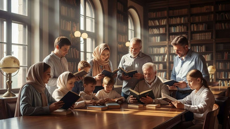 Happy family reading a book together in the library. Muslim family reading a book together at home.