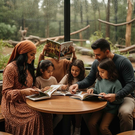 Muslim family with kids reading a book together while sitting at the table