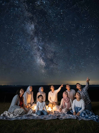 Full length shot of a happy family sitting on a blanket and looking at the milky wayの写真素材