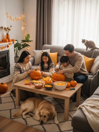happy family preparing for halloween together at home in living roomの写真素材