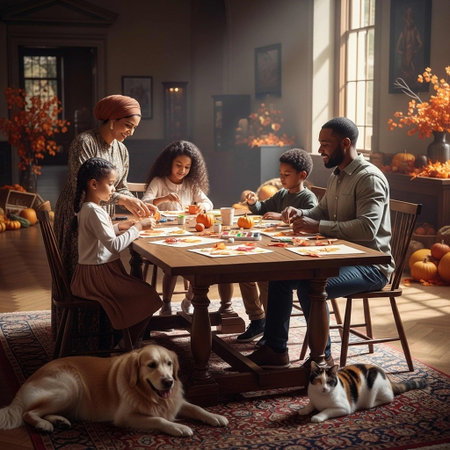 Happy family having dinner in the decorated room. Mom, dad and children having fun together.の写真素材