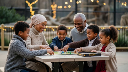 Happy african american family playing board game together at table outdoorsの写真素材