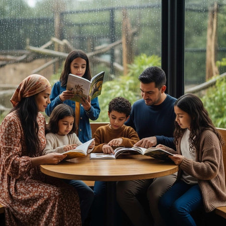 Group of multiethnic friends reading book together in cafe during rainの写真素材