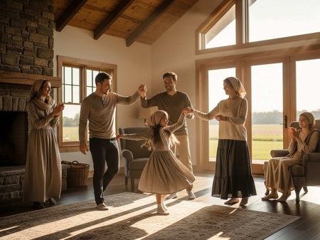 Happy family dancing at home. Mother, father and their little daughter having fun together.