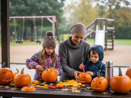 mother and kids carving jack-o-lantern on autumn playground