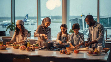 happy muslim family preparing food together in kitchen at home during quarantineの写真素材