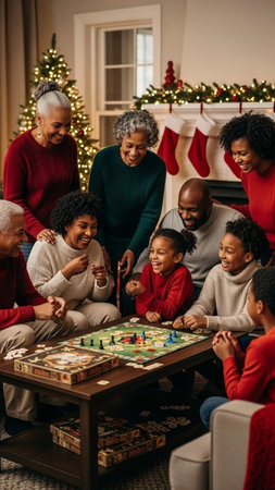 Happy multiethnic family playing board games in living room at home