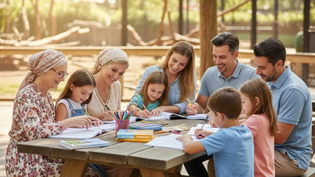 Happy family doing homework together in the park on a sunny day.