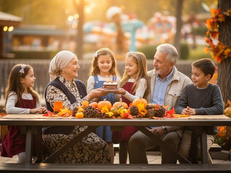 Happy family celebrating Thanksgiving in the autumn park. They are sitting at the table and smiling.