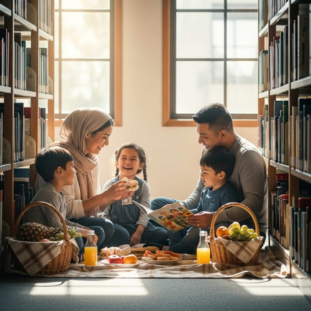 Happy muslim family spending time together in the library. Mother, father and children reading a book.の写真素材