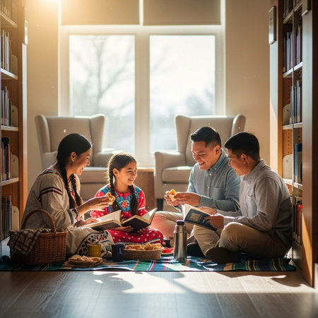 Happy family reading a book indoors at home