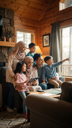 muslim family using smartphone while sitting on sofa in living room at homeの写真素材