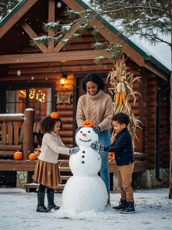 happy mother with kids making snowman in winter parkの写真素材