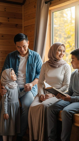 muslim family reading book together while sitting in living room at home