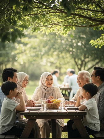 Happy asian family sitting at table in the garden and eating fruitの写真素材