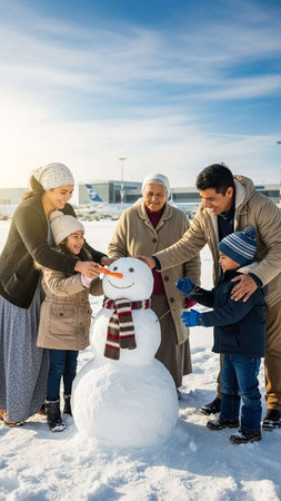 Multi-ethnic family making snowman at winter day on frozen lakeの写真素材