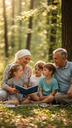 Grandparents reading a book with their grandchildren in the summer park.の写真素材
