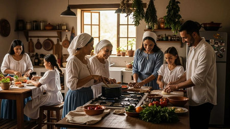 Happy family cooking together in the kitchen at home. Mother, father and their children are preparing food.の写真素材