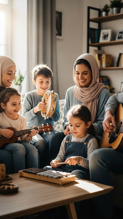 musical muslim family playing tambourine together at home