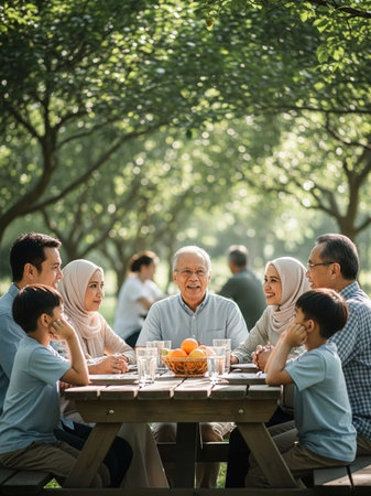 Elderly asian family having a picnic in the garden.の写真素材