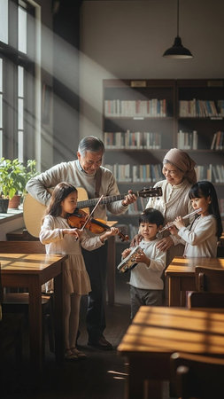 asian family playing violin together in living room at home.の写真素材