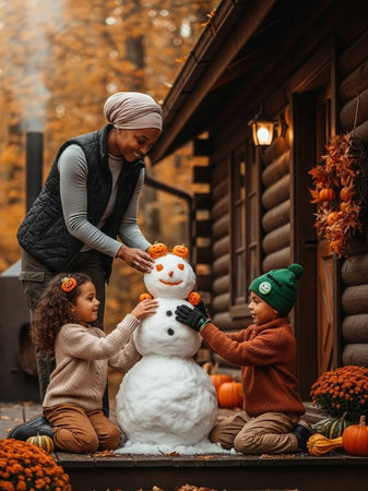 happy family with kids making snowman on porch of houseの写真素材