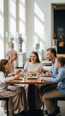 happy family having breakfast together at the tableの写真素材