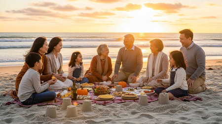 Multi-Generation Family Enjoying Picnic On Beach At Sunsetの写真素材
