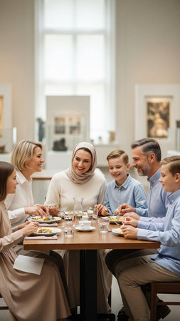 Muslim family having dinner together at dining table in modern living room.