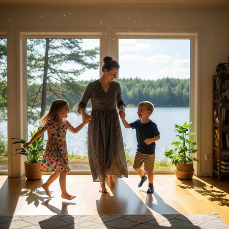 Mother and two children, boy and girl, standing by the window at home