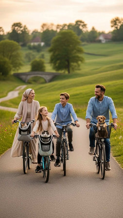 happy family with bicycles and dog riding on road in park at sunset