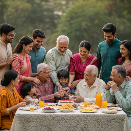 Family eating and having breakfast at home. People, grandparents, parents and children.の写真素材