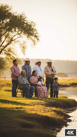 Grandfathers and grandchildren sitting on the banks of the river.