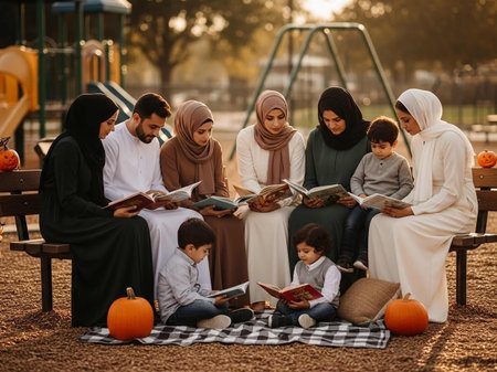 Happy family reading book together in the park during Halloween.の写真素材