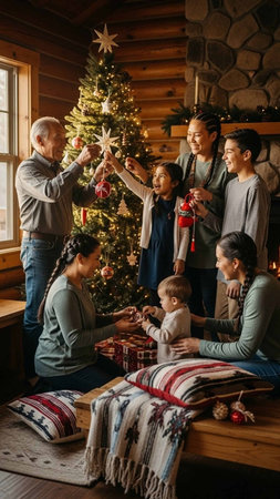 Happy family decorating Christmas tree at home. Smiling parents, children and grandparents exchanging gifts. Winter holidays conceptの写真素材