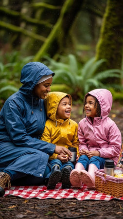 Happy family having a picnic in the forest on a rainy day.