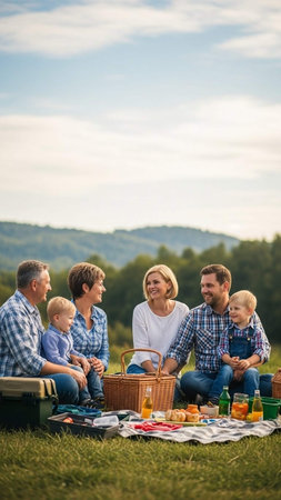 Happy family picnicking in the countryside on a sunny summer dayの写真素材